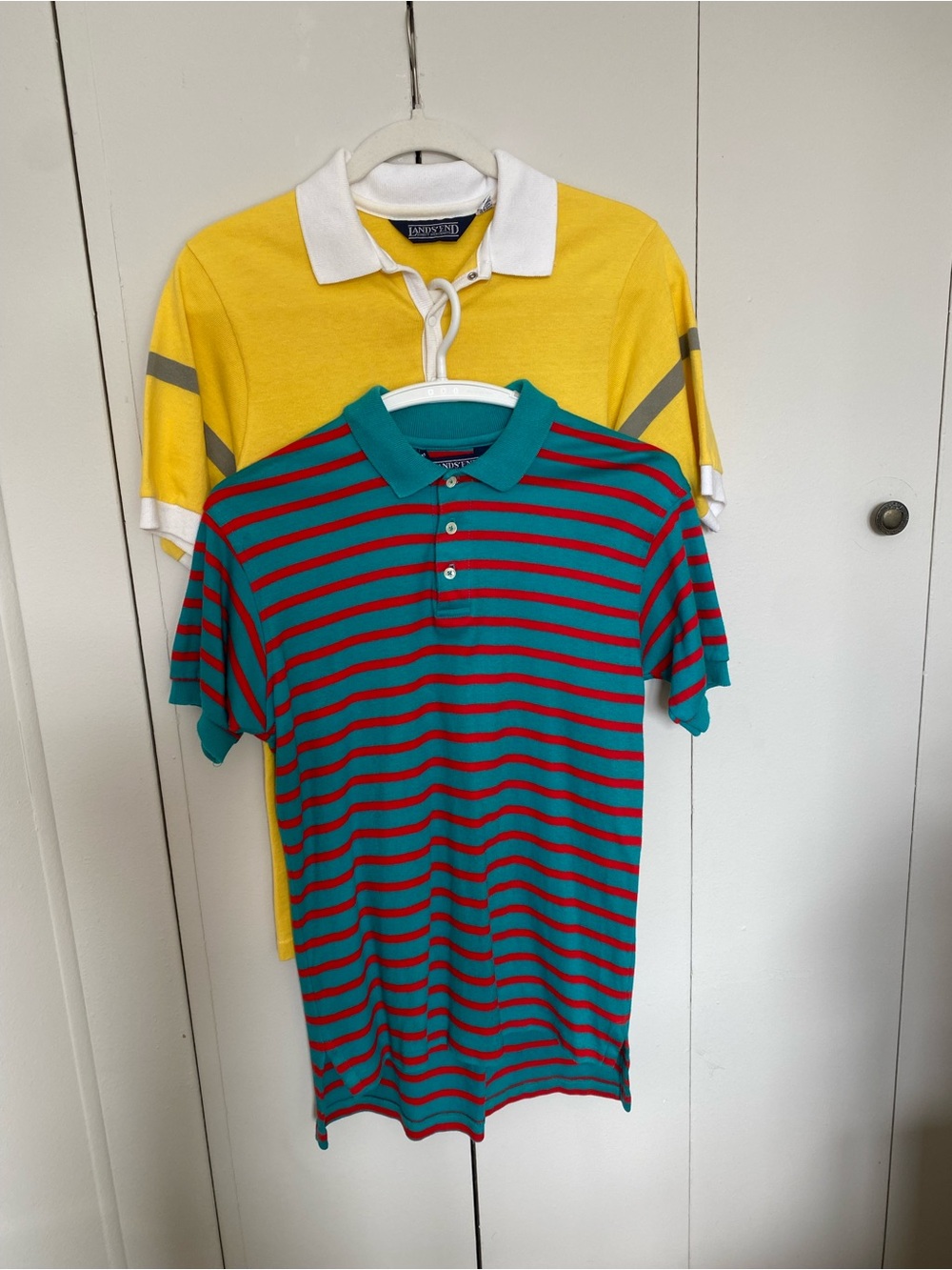 Lot of 2 Vintage Lands End Mens Medium Polo Shirt Yellow Stripe Teal Red Stripe